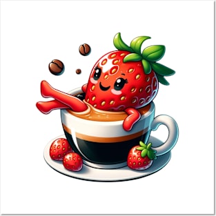 Strawberry Espresso Splash - A Berry Delicious Brew Posters and Art